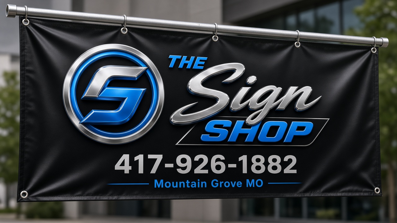 3 by 6 vinyl banner for The Sign Shop, hanging on a rail