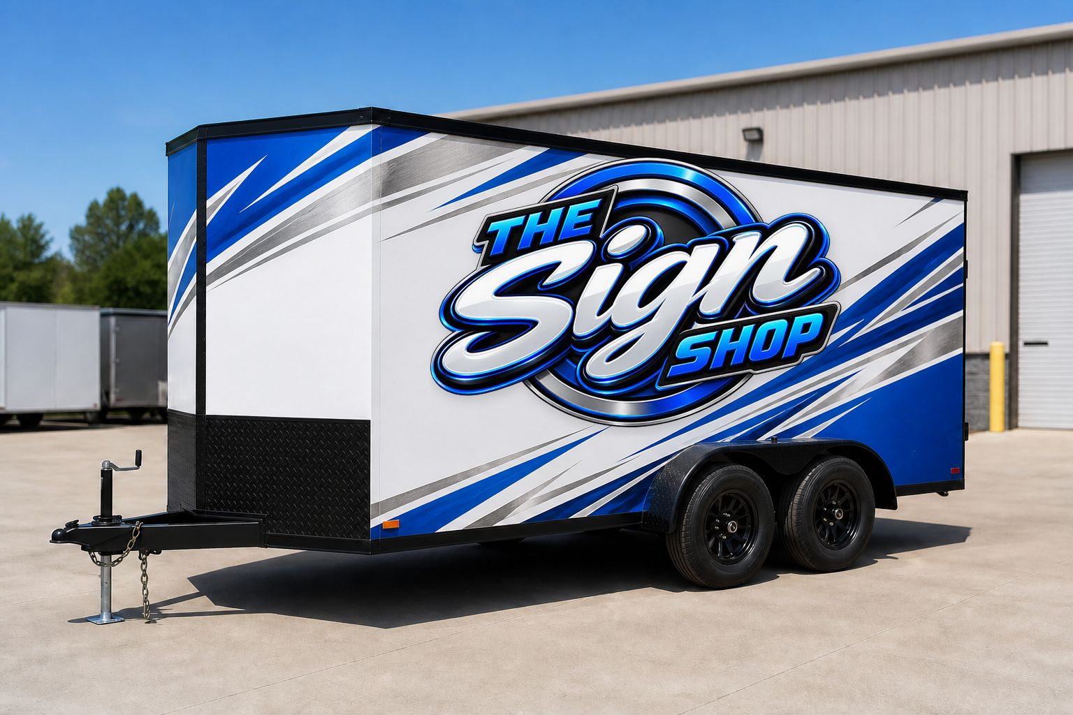 Enclosed cargo trailer with Sign Shop wrap